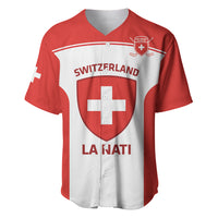 Red and white Switzerland hockey baseball jersey, V-neck with button placket, front crest