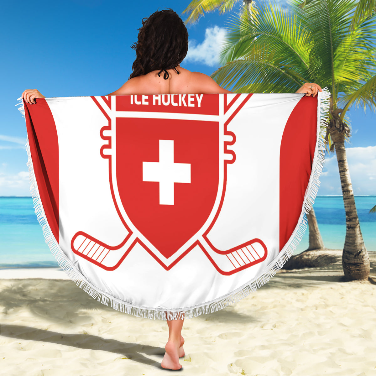 White round beach blanket showing red Switzerland ice hockey crest, fringed edge, YOUR TEXT