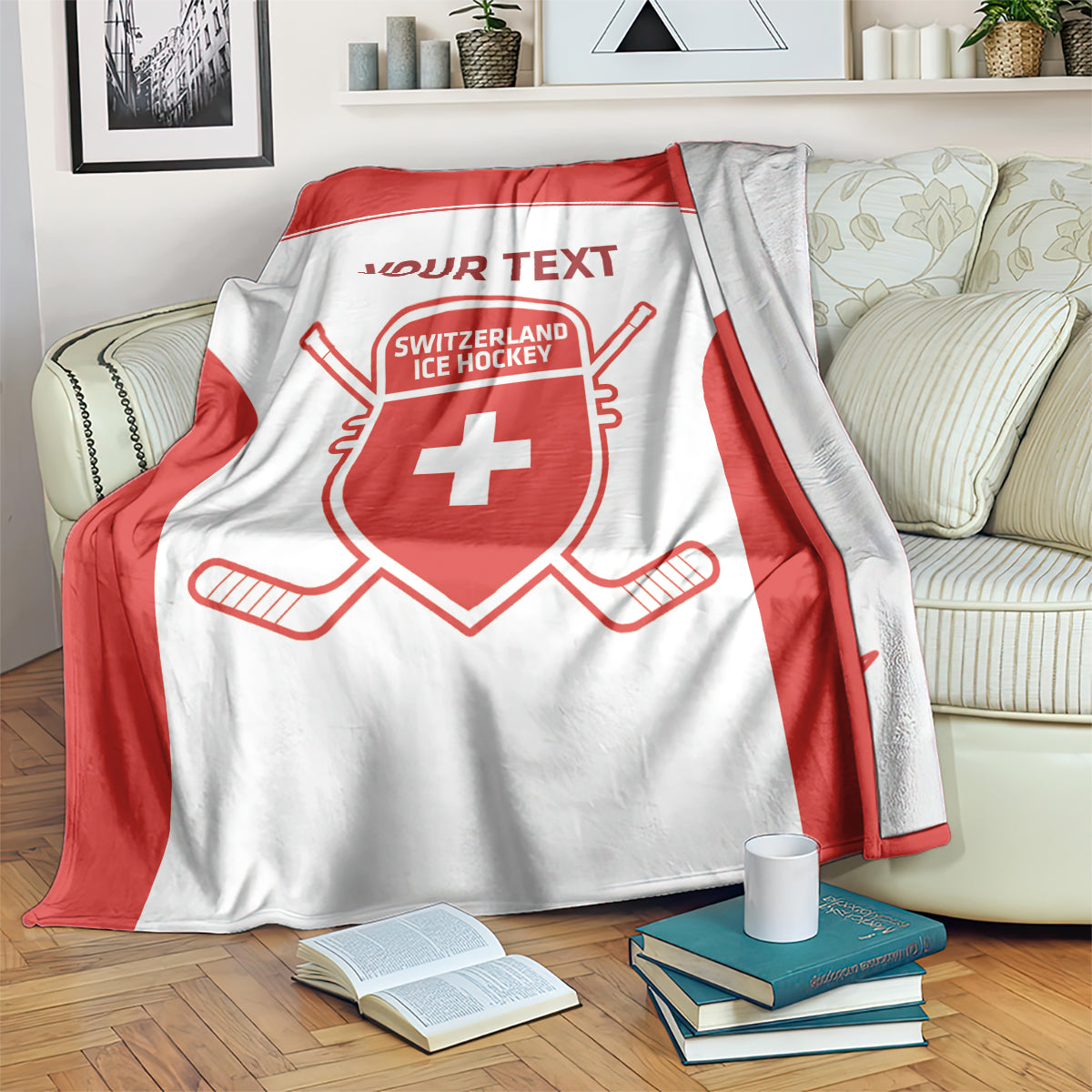 Red and white custom hockey blanket with Switzerland Ice Hockey shield and Your Text