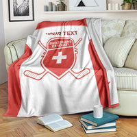 Red and white custom hockey blanket with Switzerland Ice Hockey shield and Your Text