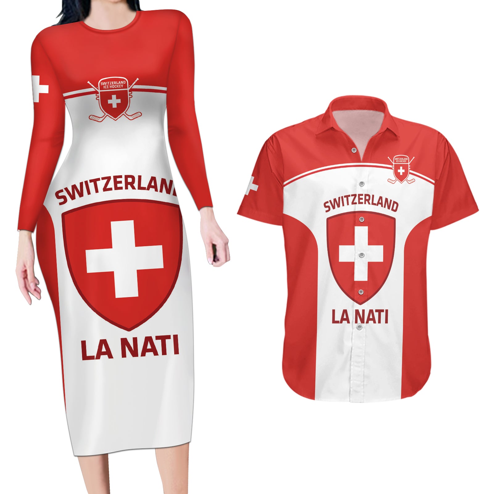 Custom Switzerland Hockey Couples Matching Long Sleeve Bodycon Dress and Hawaiian Shirt 2024 Go La Nati - Wonder Print Shop