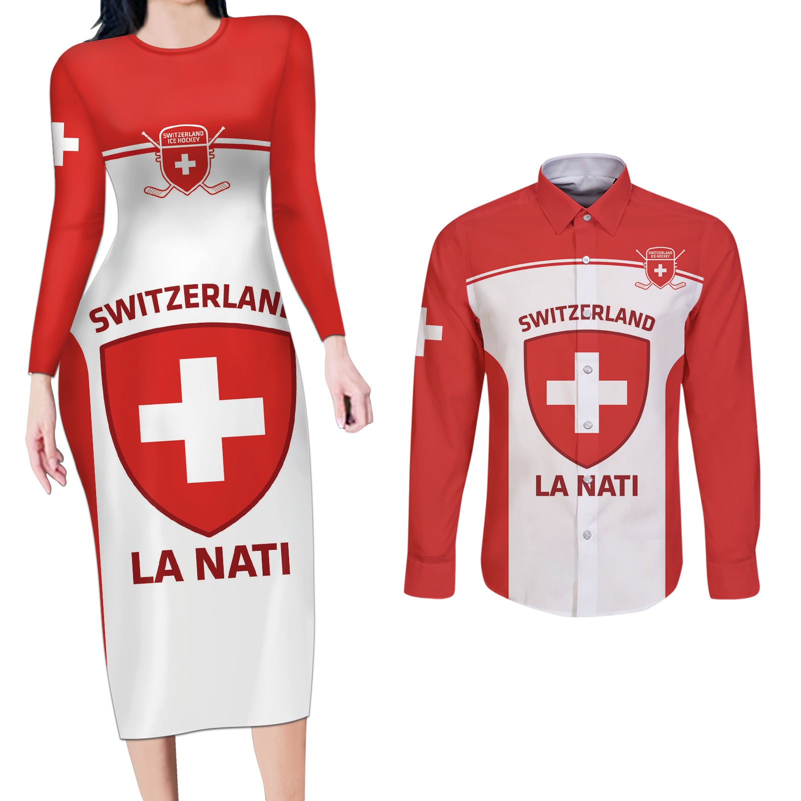 Custom Switzerland Hockey Couples Matching Long Sleeve Bodycon Dress and Long Sleeve Button Shirt 2024 Go La Nati - Wonder Print Shop