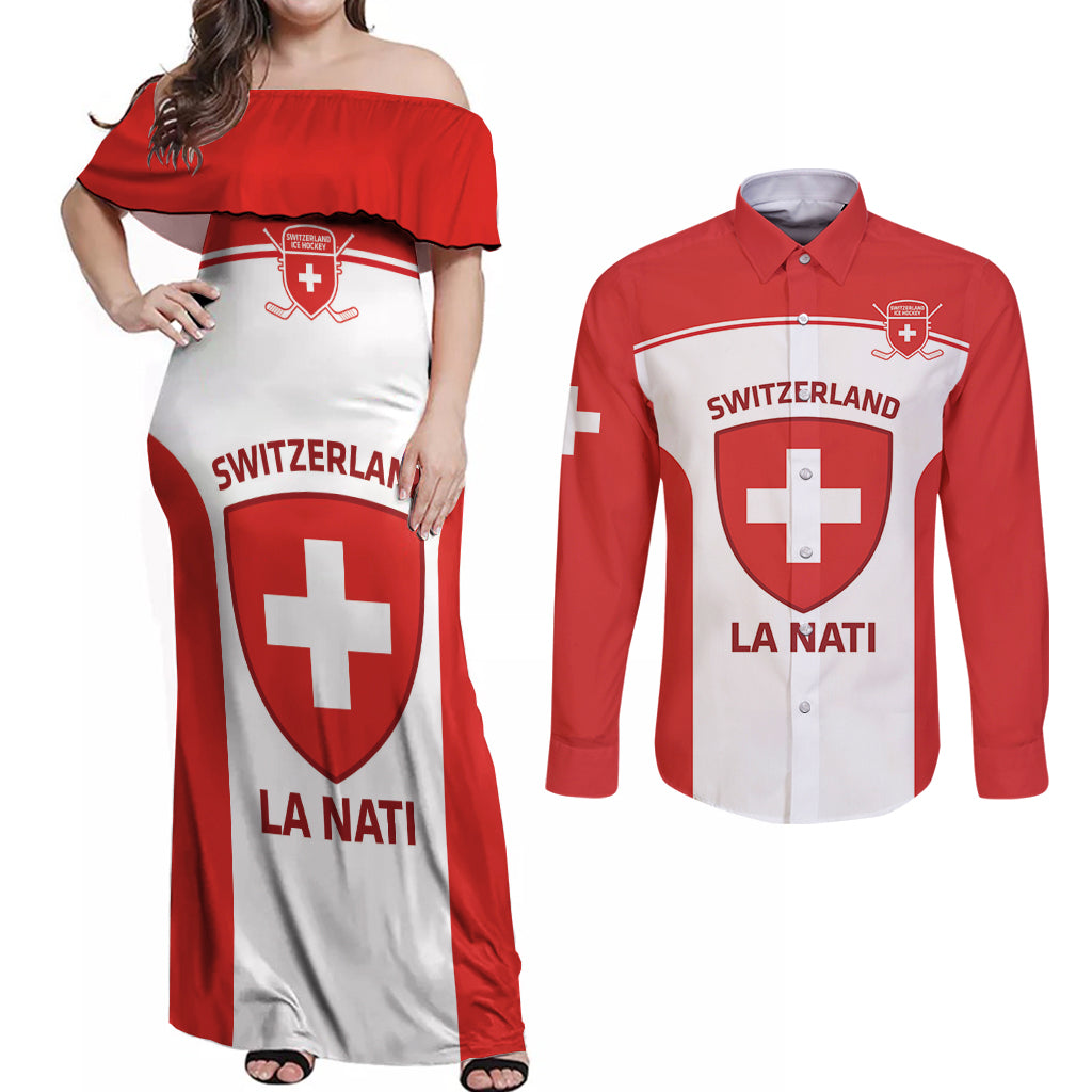 Custom Switzerland Hockey Couples Matching Off Shoulder Maxi Dress and Long Sleeve Button Shirt 2024 Go La Nati - Wonder Print Shop