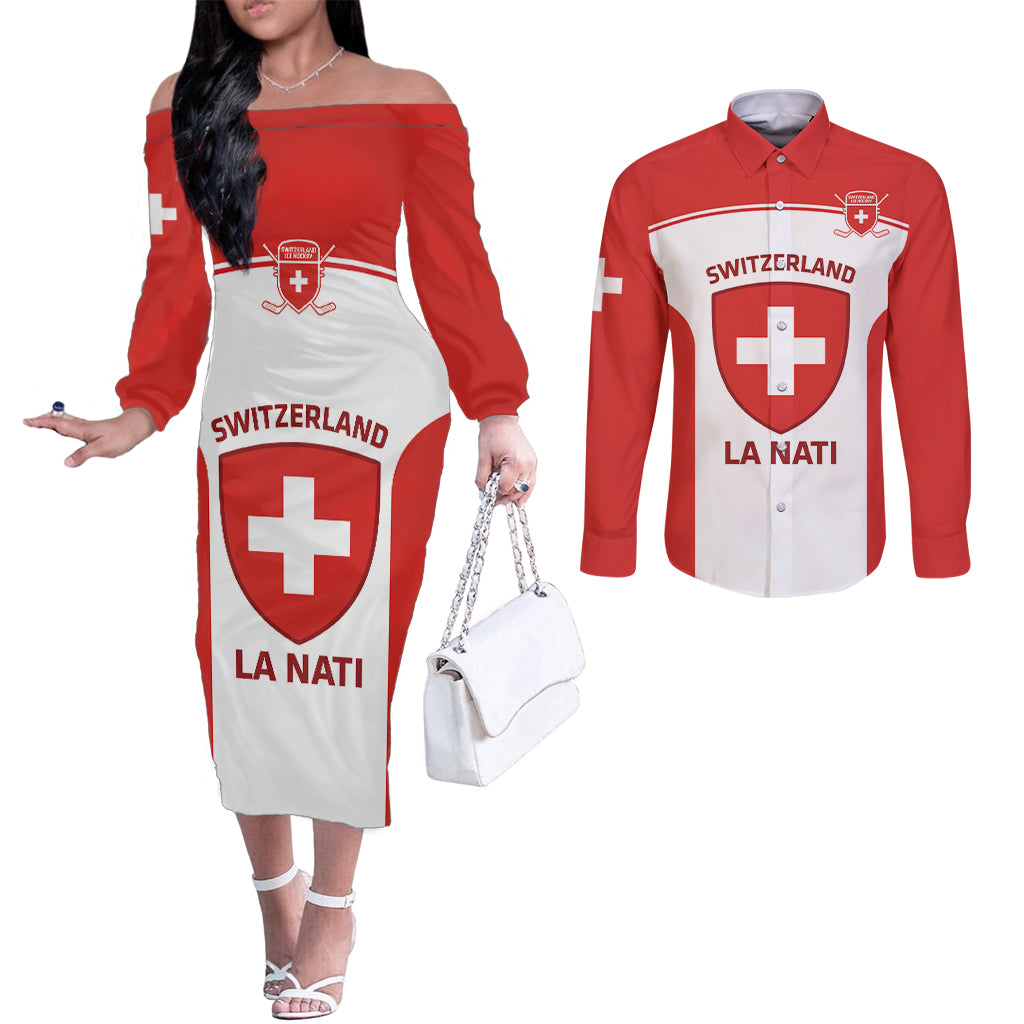 Custom Switzerland Hockey Couples Matching Off The Shoulder Long Sleeve Dress and Long Sleeve Button Shirt 2024 Go La Nati