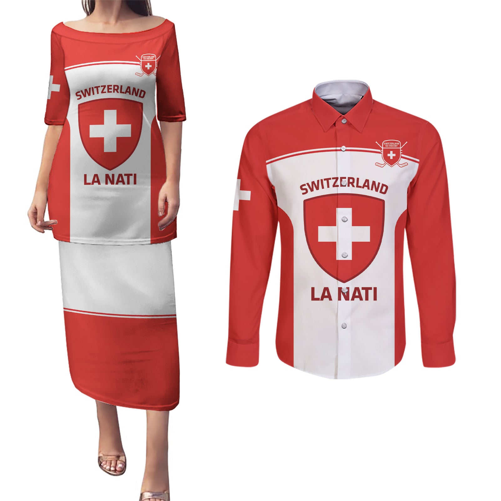 Custom Switzerland Hockey Couples Matching Puletasi and Long Sleeve Button Shirt 2024 Go La Nati - Wonder Print Shop