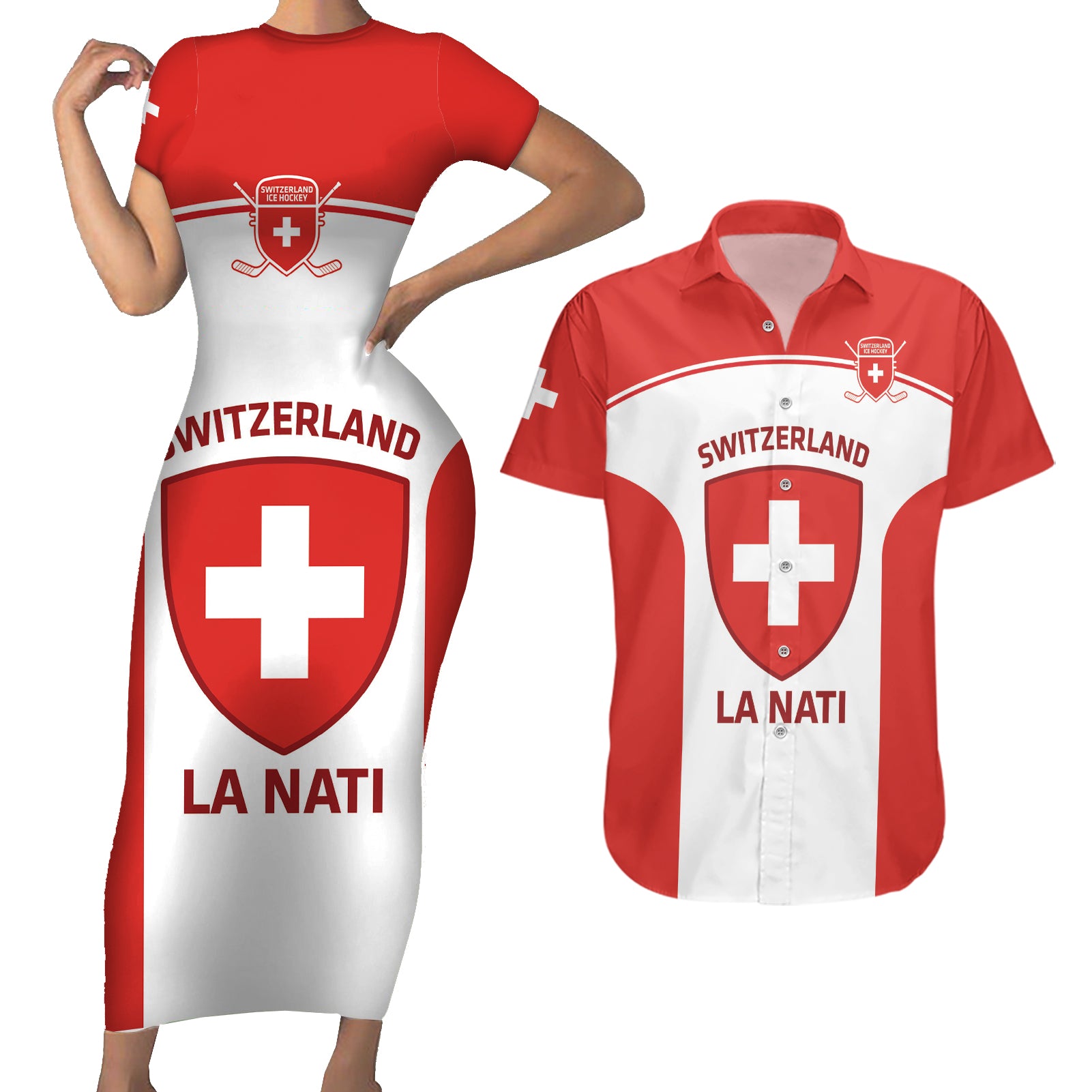 Custom Switzerland Hockey Couples Matching Short Sleeve Bodycon Dress and Hawaiian Shirt 2024 Go La Nati - Wonder Print Shop