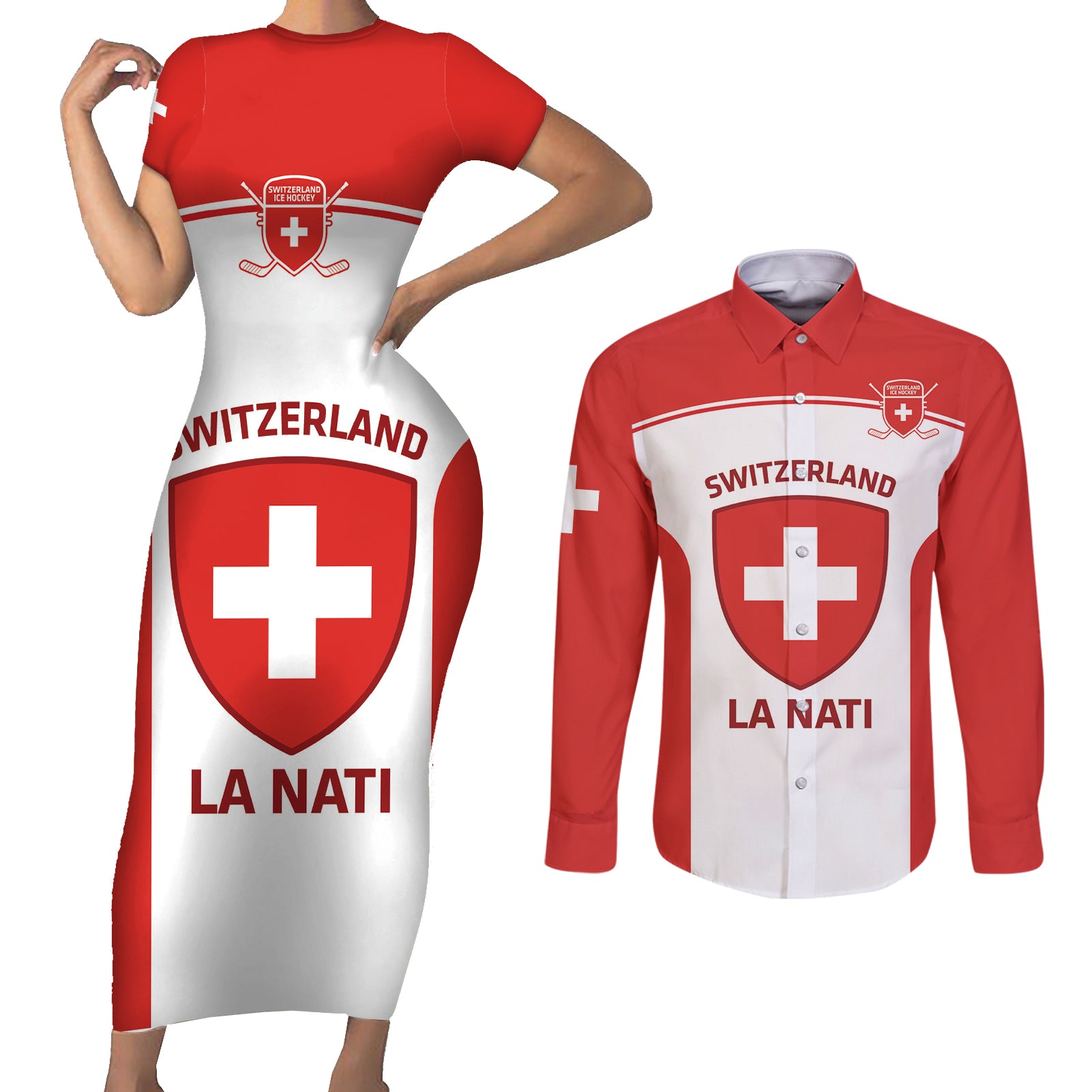 Custom Switzerland Hockey Couples Matching Short Sleeve Bodycon Dress and Long Sleeve Button Shirt 2024 Go La Nati - Wonder Print Shop