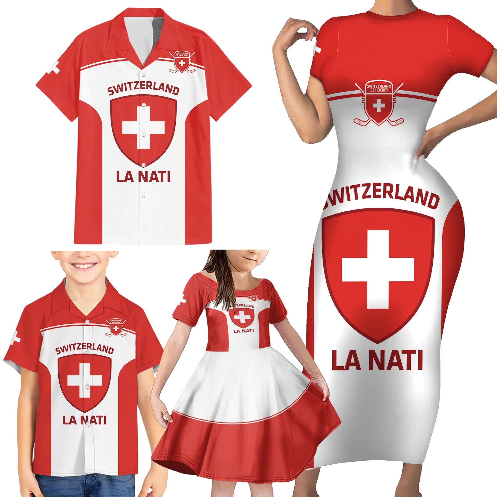 Custom Switzerland Hockey Family Matching Short Sleeve Bodycon Dress and Hawaiian Shirt 2024 Go La Nati - Wonder Print Shop