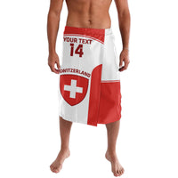 Red and white custom hockey shorts with large Switzerland emblem and number 14, elastic waistband