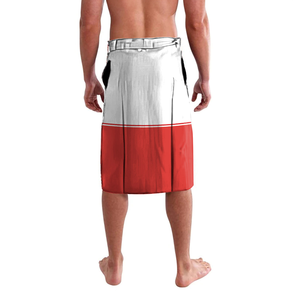 Red and white custom hockey shorts, back view with contrast panels, elastic waistband