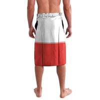 Red and white custom hockey shorts, back view with contrast panels, elastic waistband