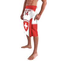 Red and white custom hockey shorts with Switzerland cross and number 14, elastic waistband