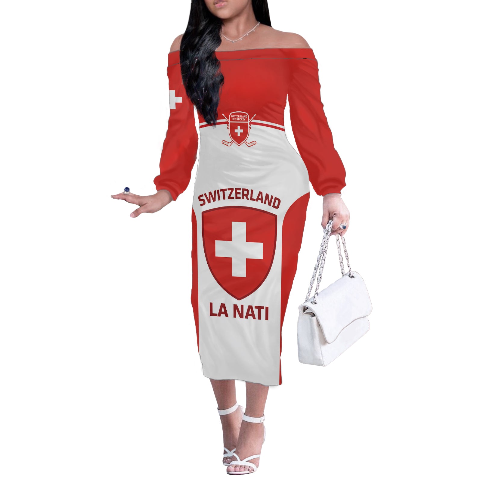 Custom Switzerland Hockey Off The Shoulder Long Sleeve Dress 2024 Go La Nati - Wonder Print Shop