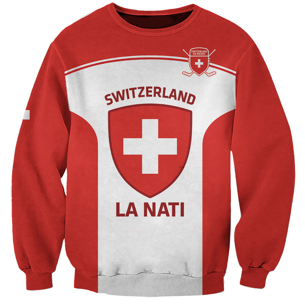 Red hockey sweatshirt with white front graphic: SWITZERLAND, LA NATI, Swiss cross crest