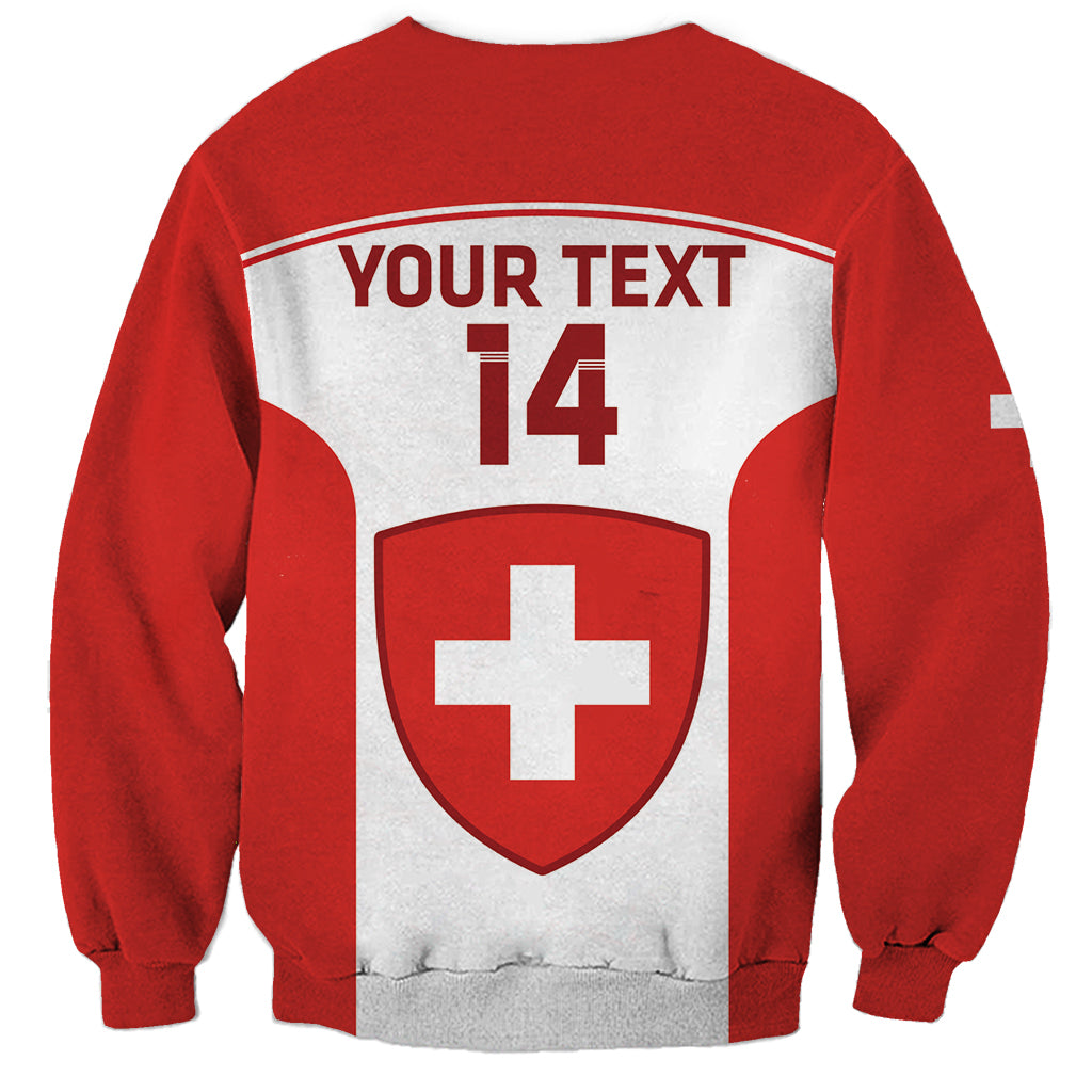 Red hockey sweatshirt with white panel, custom text 14, Swiss cross crest front