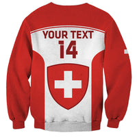 Red hockey sweatshirt with white panel, custom text 14, Swiss cross crest front