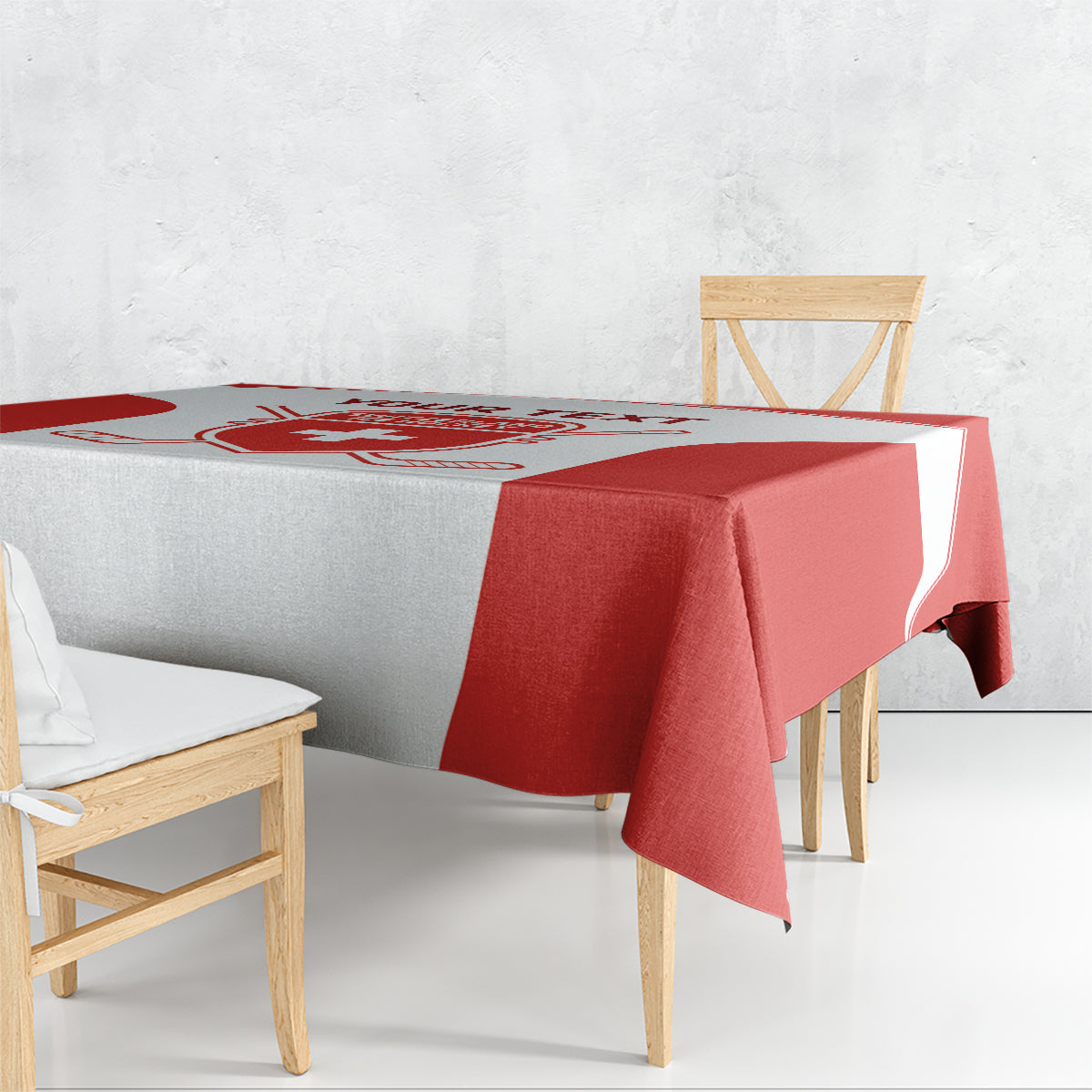 Red and white hockey-themed tablecloth draped over a dining table with bold red bands