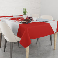 Red and white Swiss hockey tablecloth with crest graphic and hanging corner