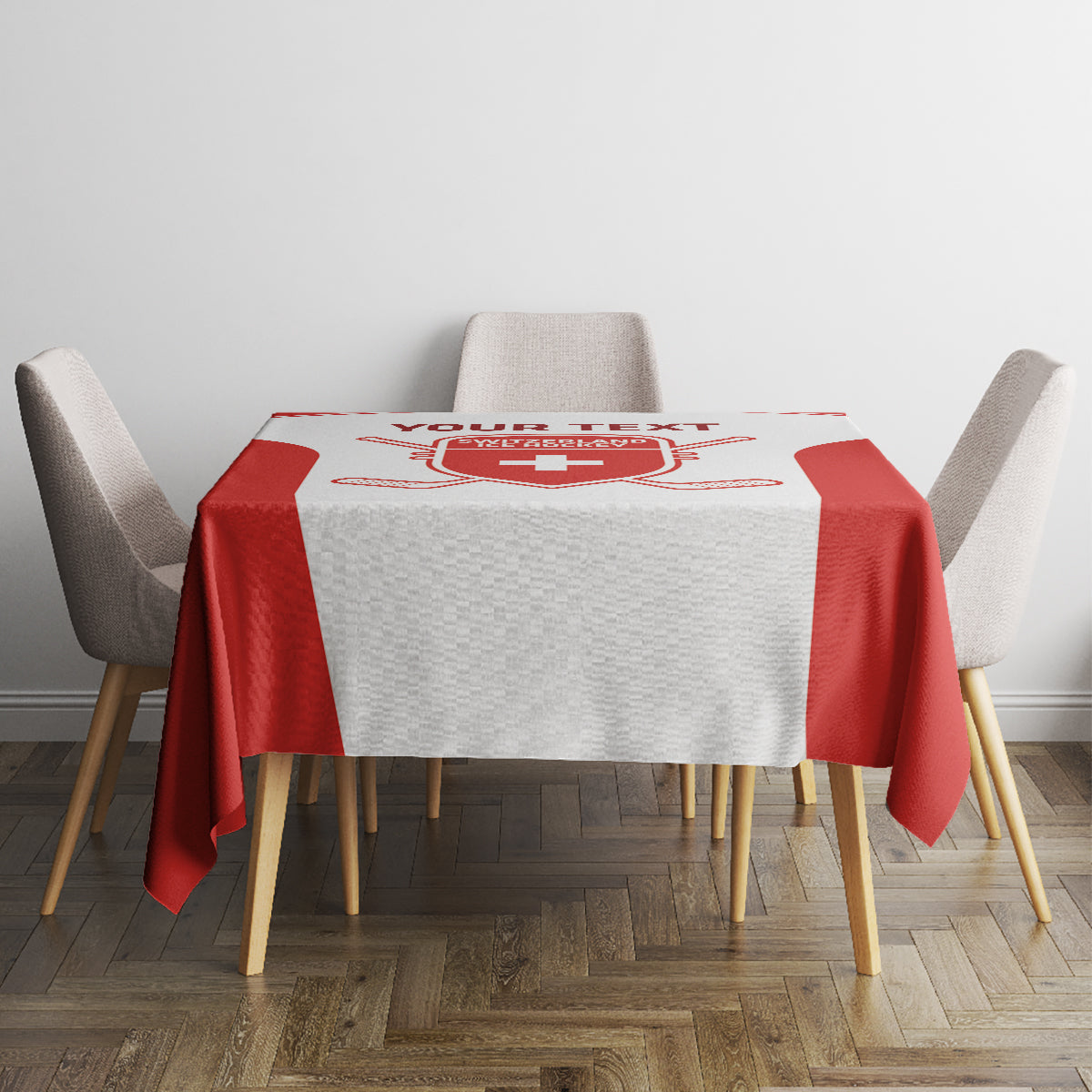 Red and white custom tablecloth with Swiss emblem and hockey sticks centered
