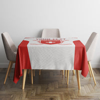 Red and white custom tablecloth with Swiss emblem and hockey sticks centered