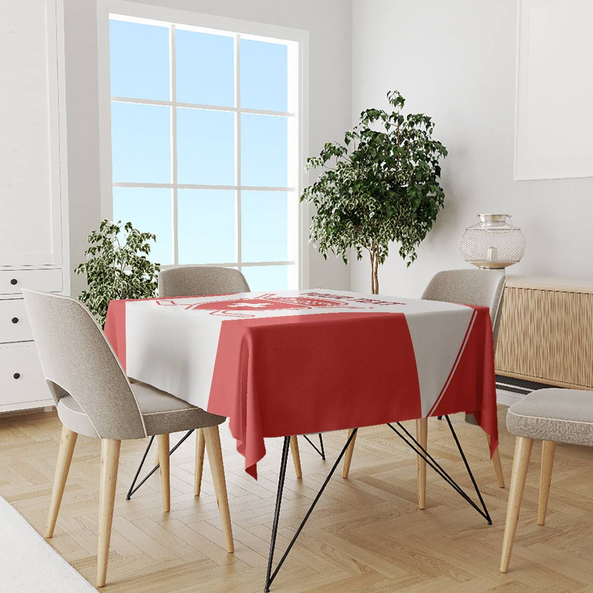 Red and white hockey tablecloth on a dining set with printed Swiss-themed design