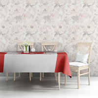 Red and white Swiss hockey tablecloth with central emblem, used on a sofa table