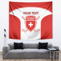 Red and white hockey tapestry featuring the Switzerland ice hockey shield and crossed sticks.