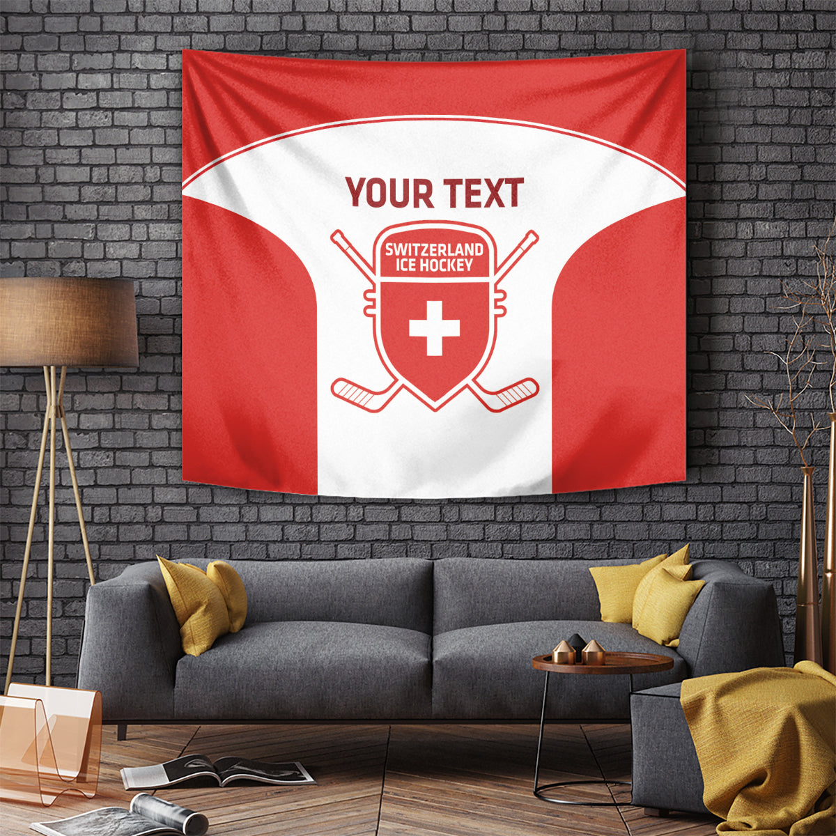 Red and white Switzerland ice hockey tapestry with shield logo and crossed hockey sticks.