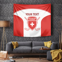 Red and white Switzerland ice hockey tapestry with shield logo and crossed hockey sticks.