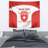 Red and white hockey tapestry with centered shield emblem and “YOUR TEXT” header.