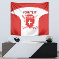 Red and white ice hockey tapestry with Switzerland shield, crossed sticks, and “YOUR TEXT”.