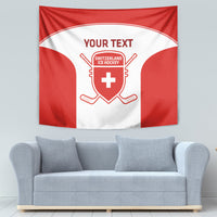 Red and white hockey tapestry showing Switzerland ice hockey shield with crossed sticks.