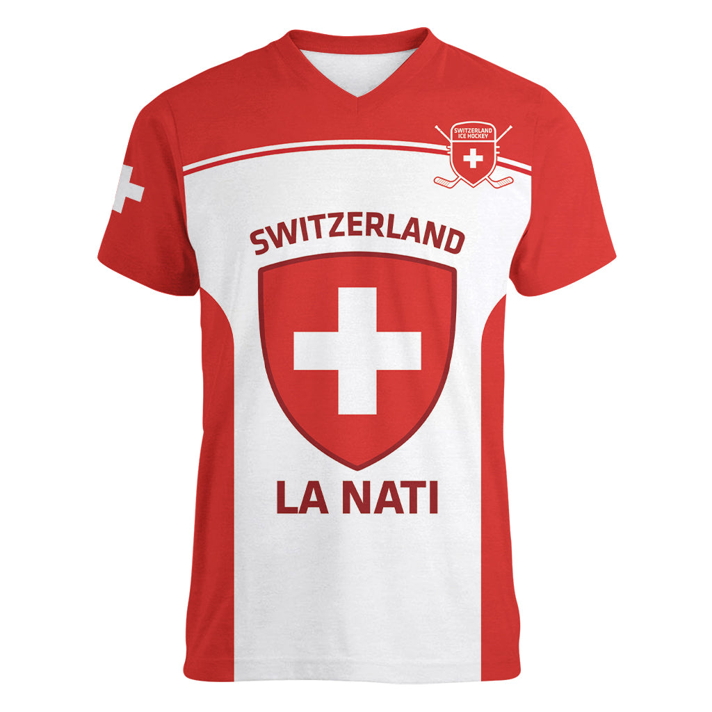 Custom Switzerland Hockey Women V Neck T Shirt 2024 Go La Nati