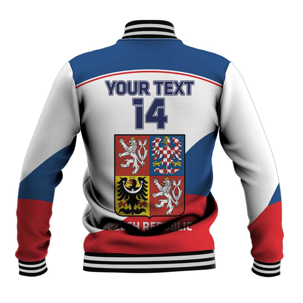 Back view unisex baseball jacket in blue, white, red with 'YOUR TEXT' and 14