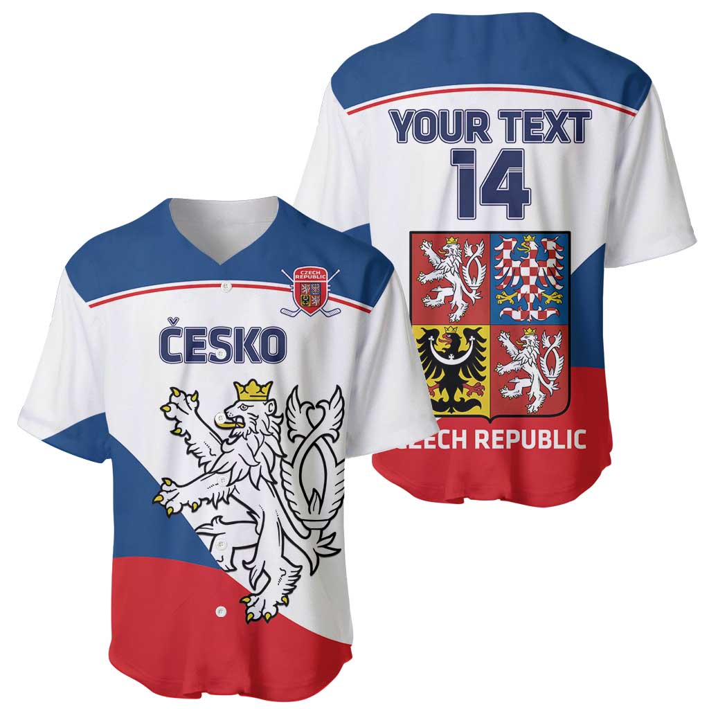 Red, white, and blue hockey baseball jersey set with Czech front and 'YOUR TEXT 14' back