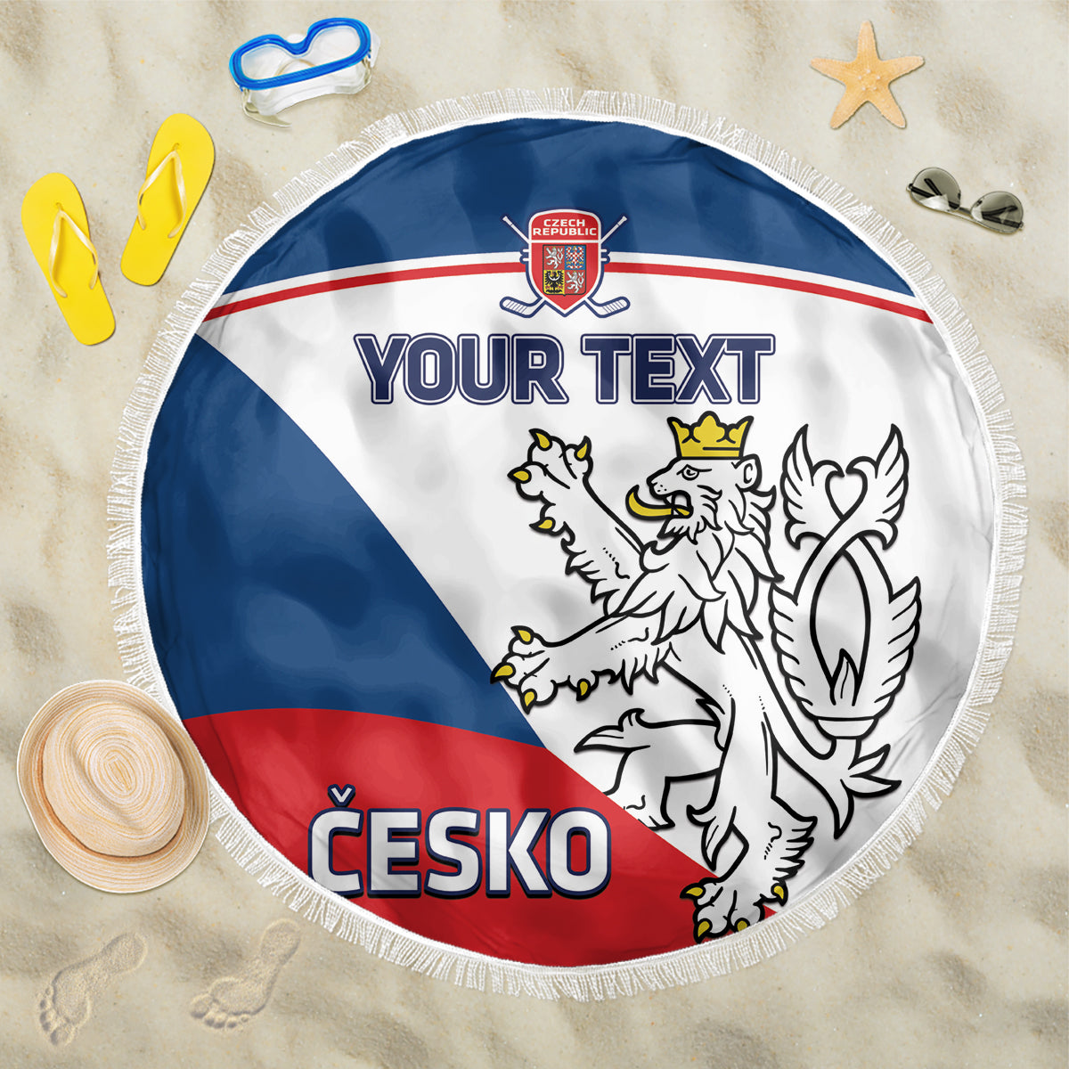 Round Czech Republic beach blanket with fringed edge, blue-white-red flag graphic