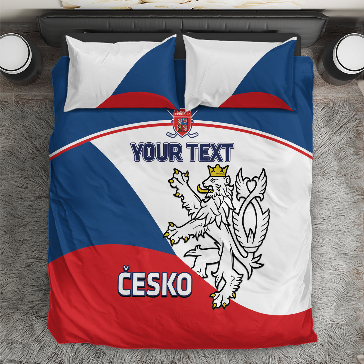 Hockey bedding set with red, white, and blue Czech flag design, lion crest, “YOUR TEXT”