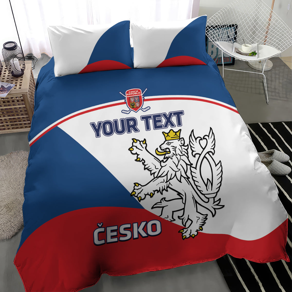 Hockey bedding set showing Czech lion crest and “YOUR TEXT” with red, white, blue colors