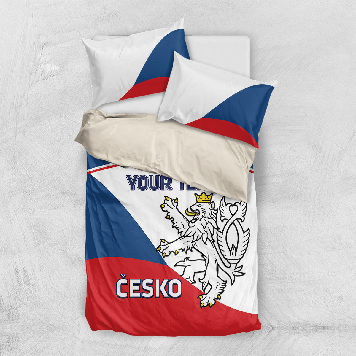 Hockey bedding set with red, white, and blue Czech flag design, lion crest, two pillows