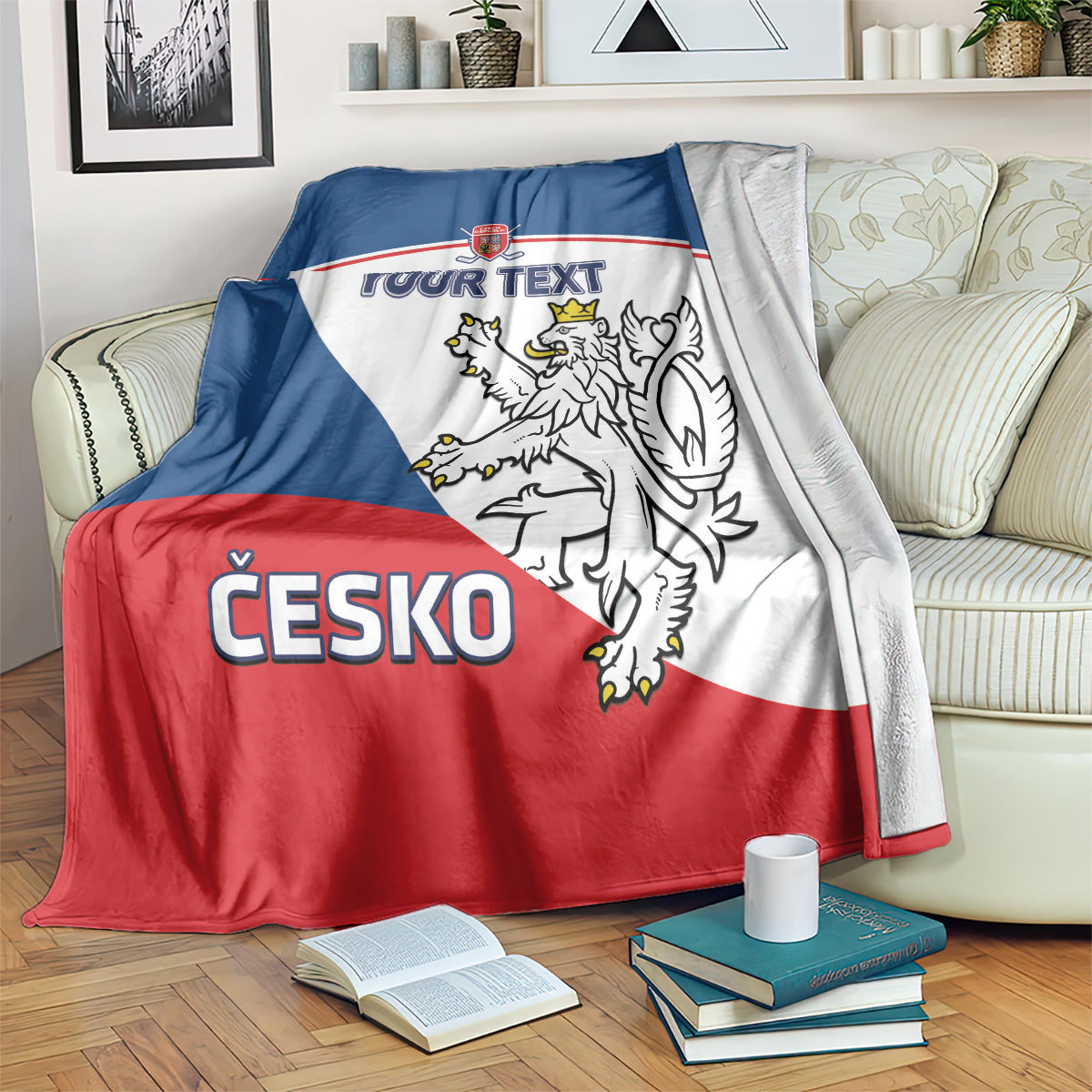Czech Republic blanket in red, white and blue with lion crest and custom text