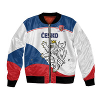 Color-block hockey bomber jacket with front zipper, white/blue/red panels and Czech crest
