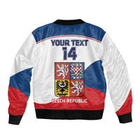 Back print hockey bomber jacket with YOUR TEXT 14 and Czech Republic graphic, white/blue/red