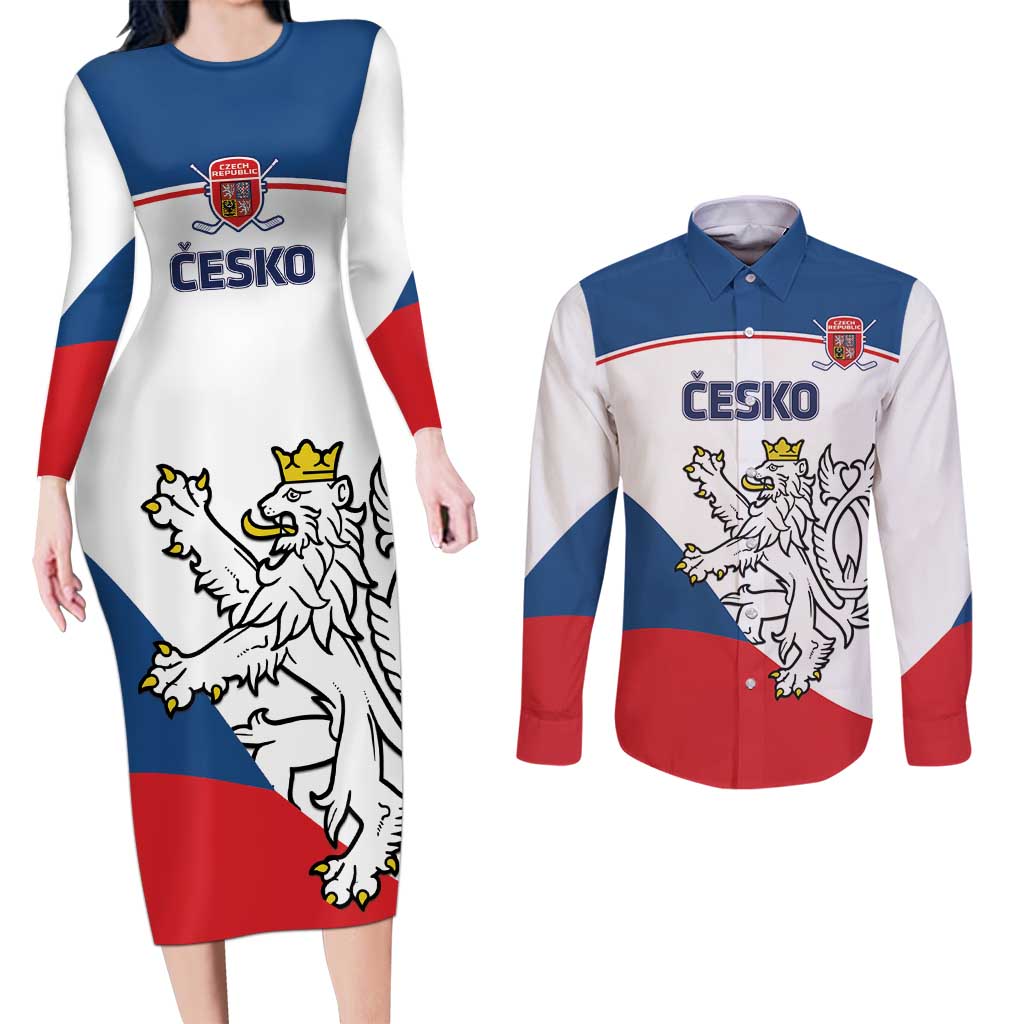 Custom Czech Republic Hockey Couples Matching Long Sleeve Bodycon Dress and Long Sleeve Button Shirt 2024 Go Czechia LT14