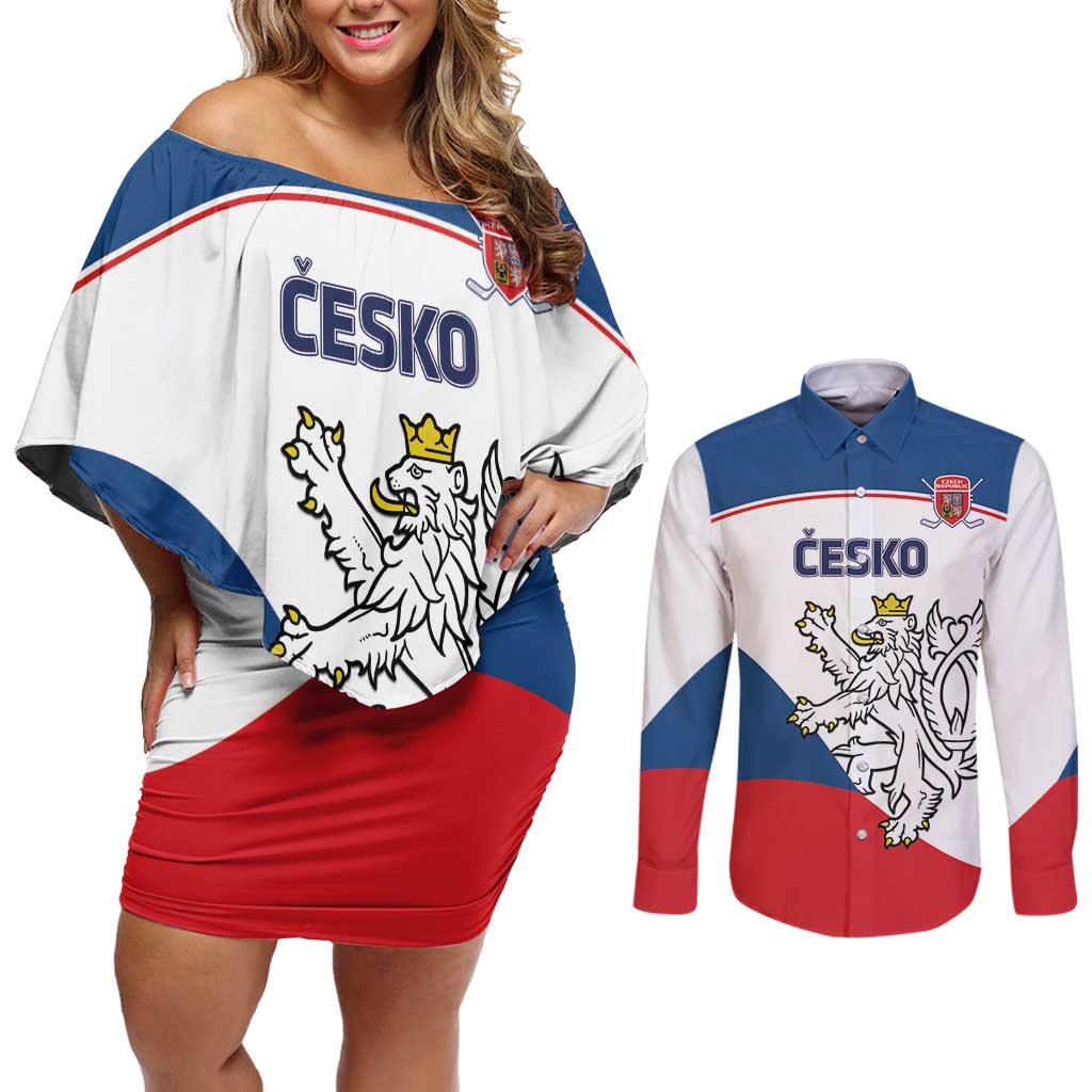 Custom Czech Republic Hockey Couples Matching Off Shoulder Short Dress and Long Sleeve Button Shirt 2024 Go Czechia LT14