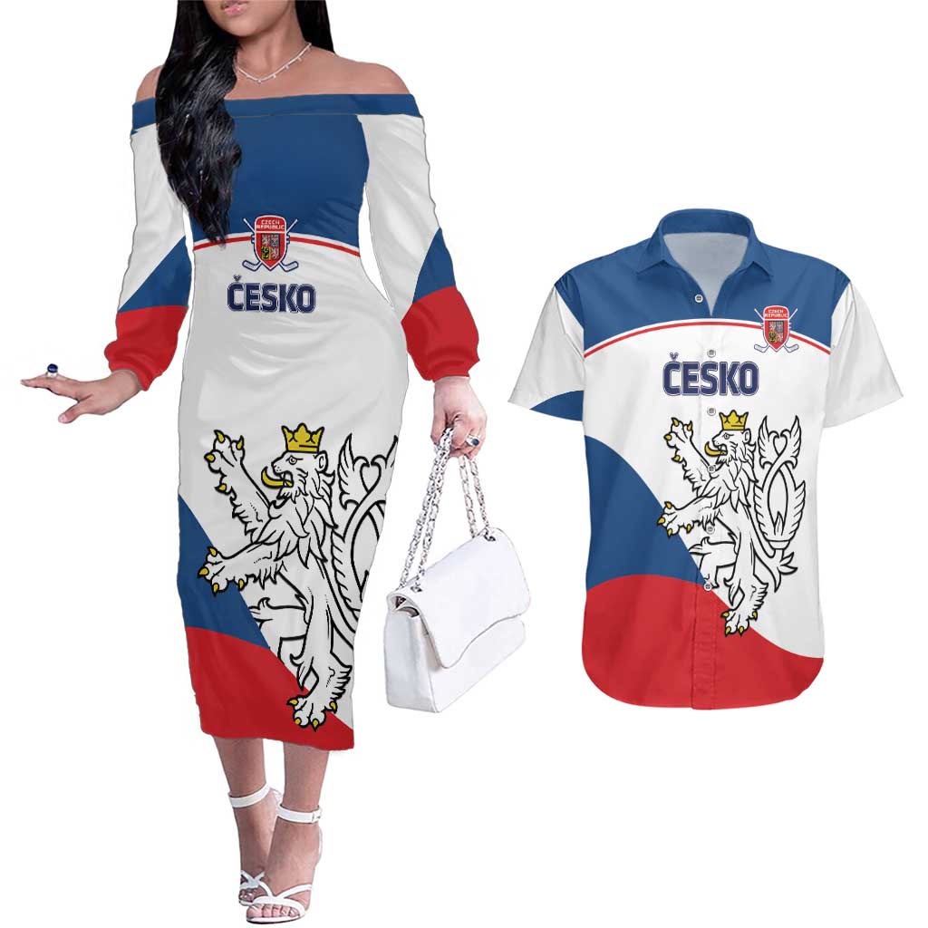 Custom Czech Republic Hockey Couples Matching Off The Shoulder Long Sleeve Dress and Hawaiian Shirt 2024 Go Czechia LT14