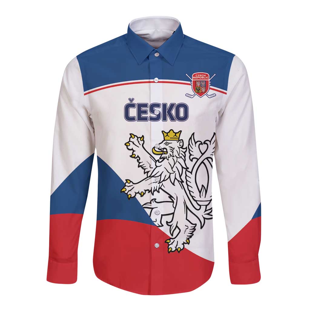 Long-sleeve button shirt with Czech crest, lion graphic, and red/blue/white paneling