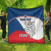 Custom Czech hockey quilt spread outdoors in blue, white, and red with crest and “CESKO”.