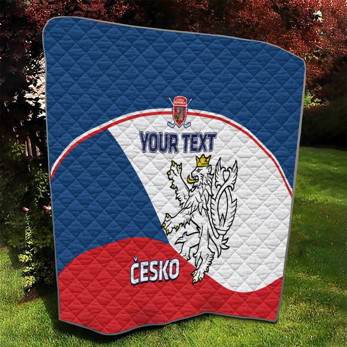 Custom Czech hockey quilt in blue, white, and red with lion crest and “YOUR TEXT”/“CESKO”.