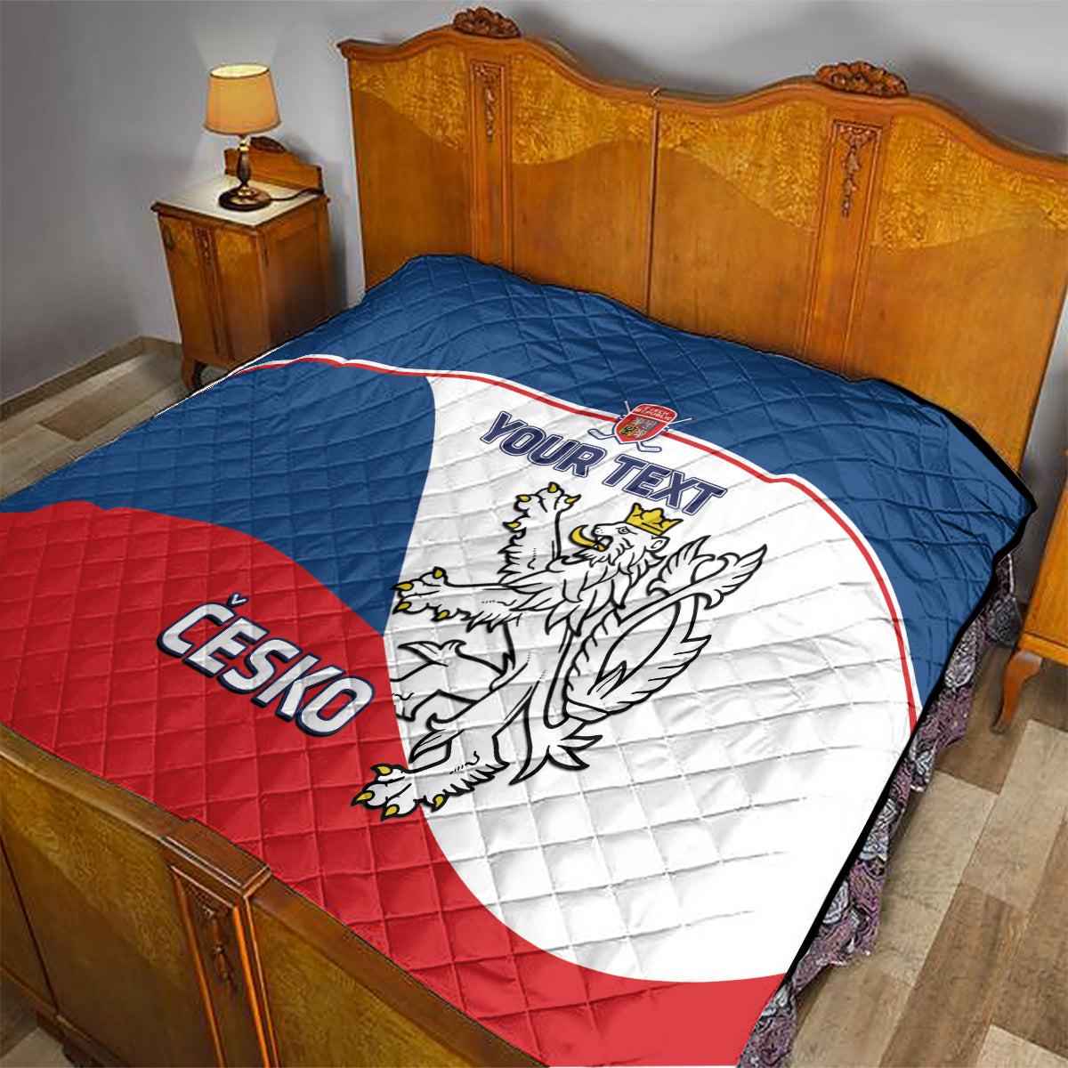 Custom Czech hockey quilt on bed, blue-white-red design with lion crest and “CESKO”.