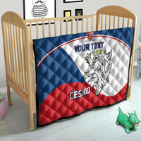 Custom Czech hockey quilt on a kids bed, blue-white-red design with lion crest and “CESKO”.